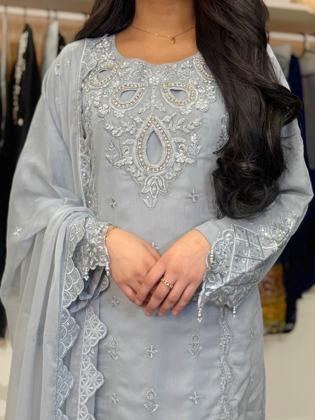 Silver Mist Chiffon Embroidered Suit