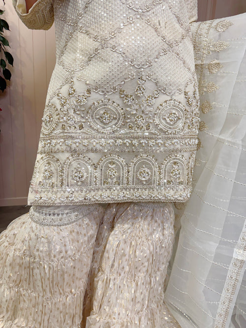 Aylin Champagne Organza Sharara Set (Color Option - Offwhite / Pink)