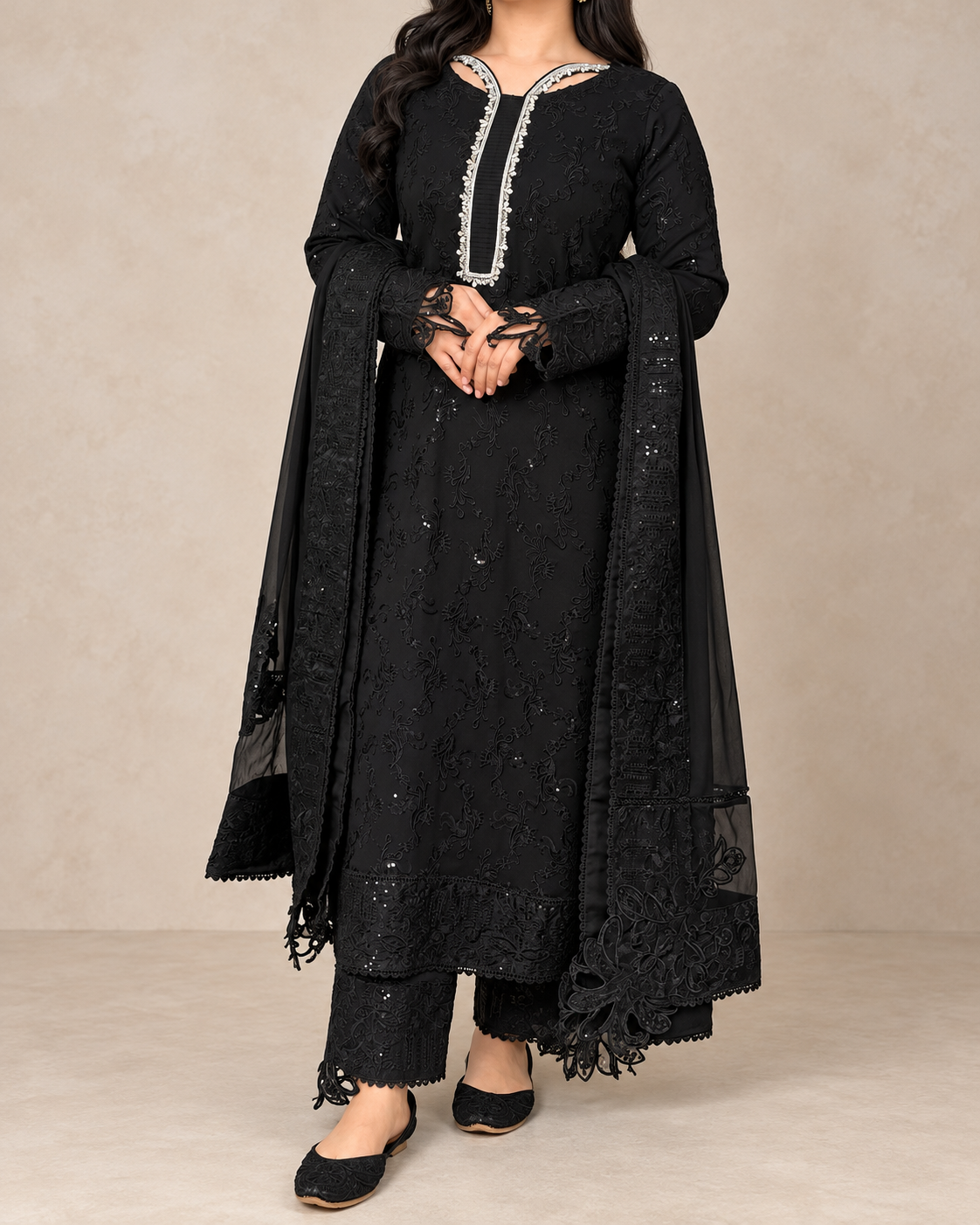 Élysian Noir – Embroidered Chiffon Suit