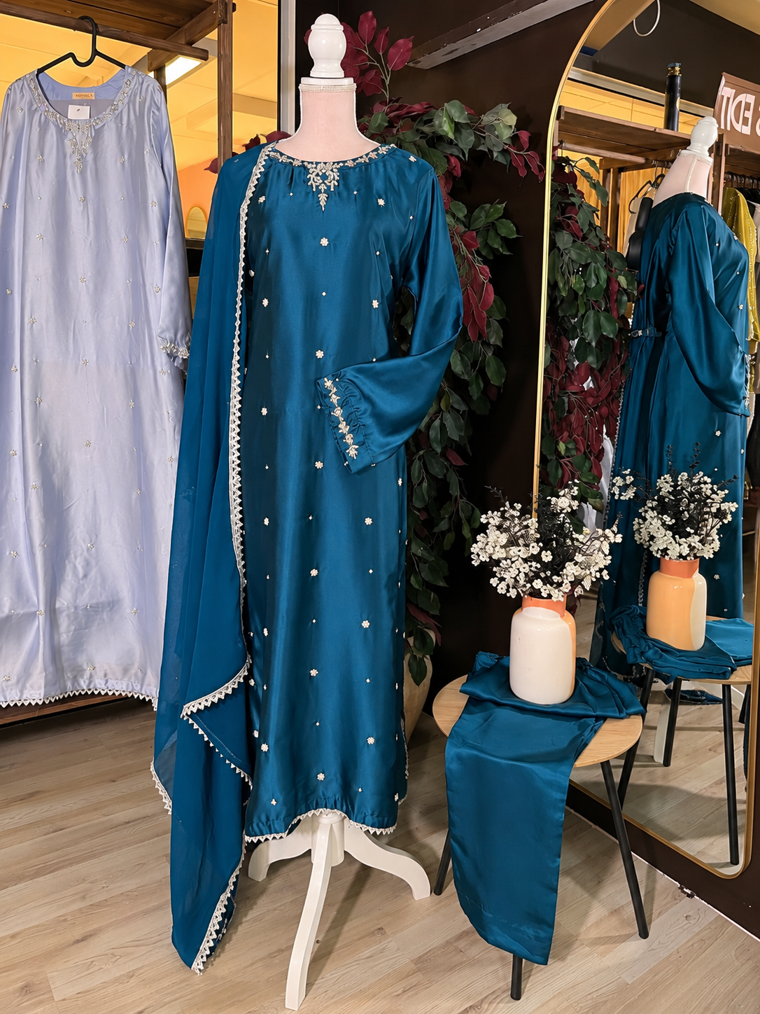 Peacock Elegance Silk Suit