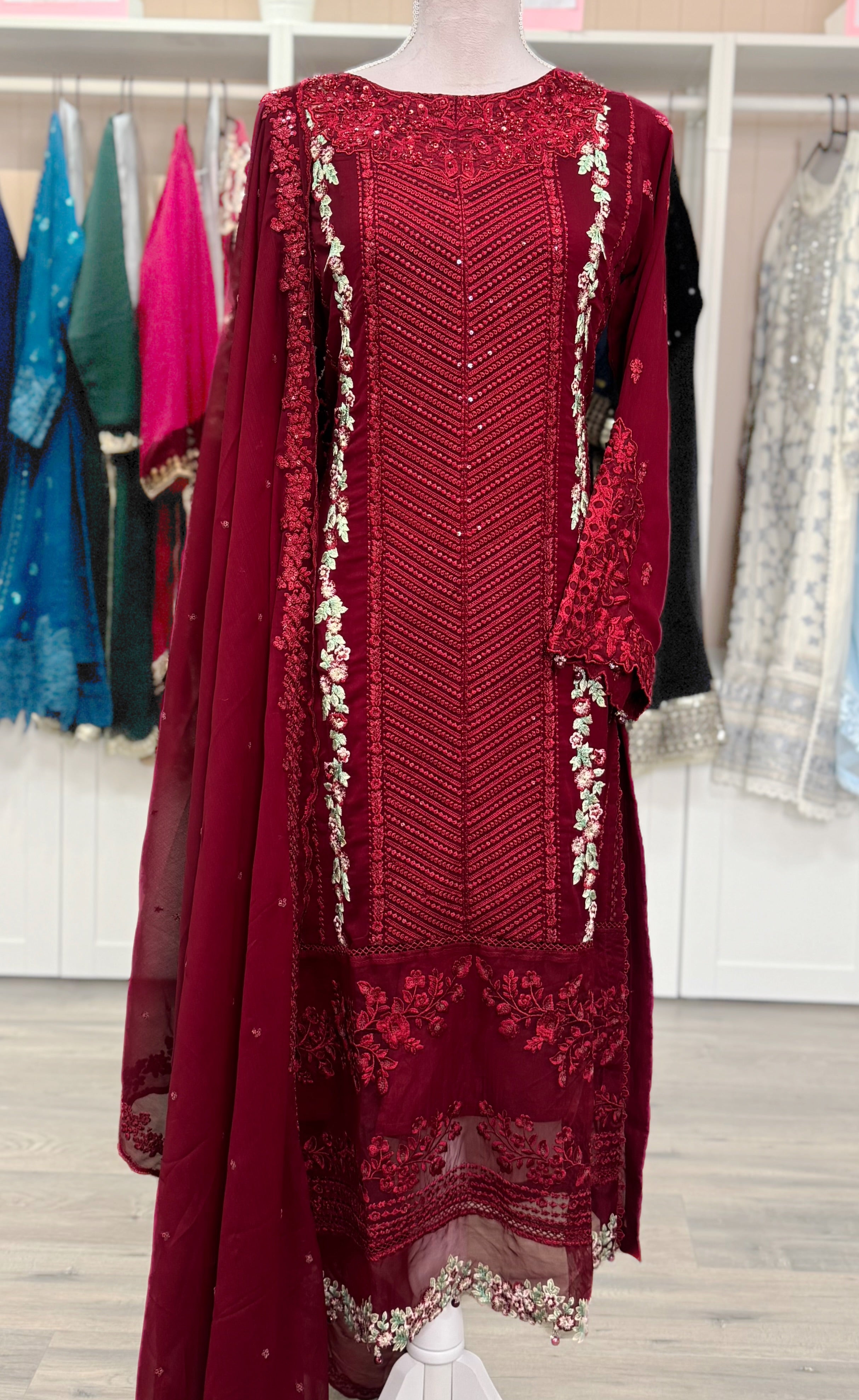Scarlet Noor Chiffon Embroidered Suit