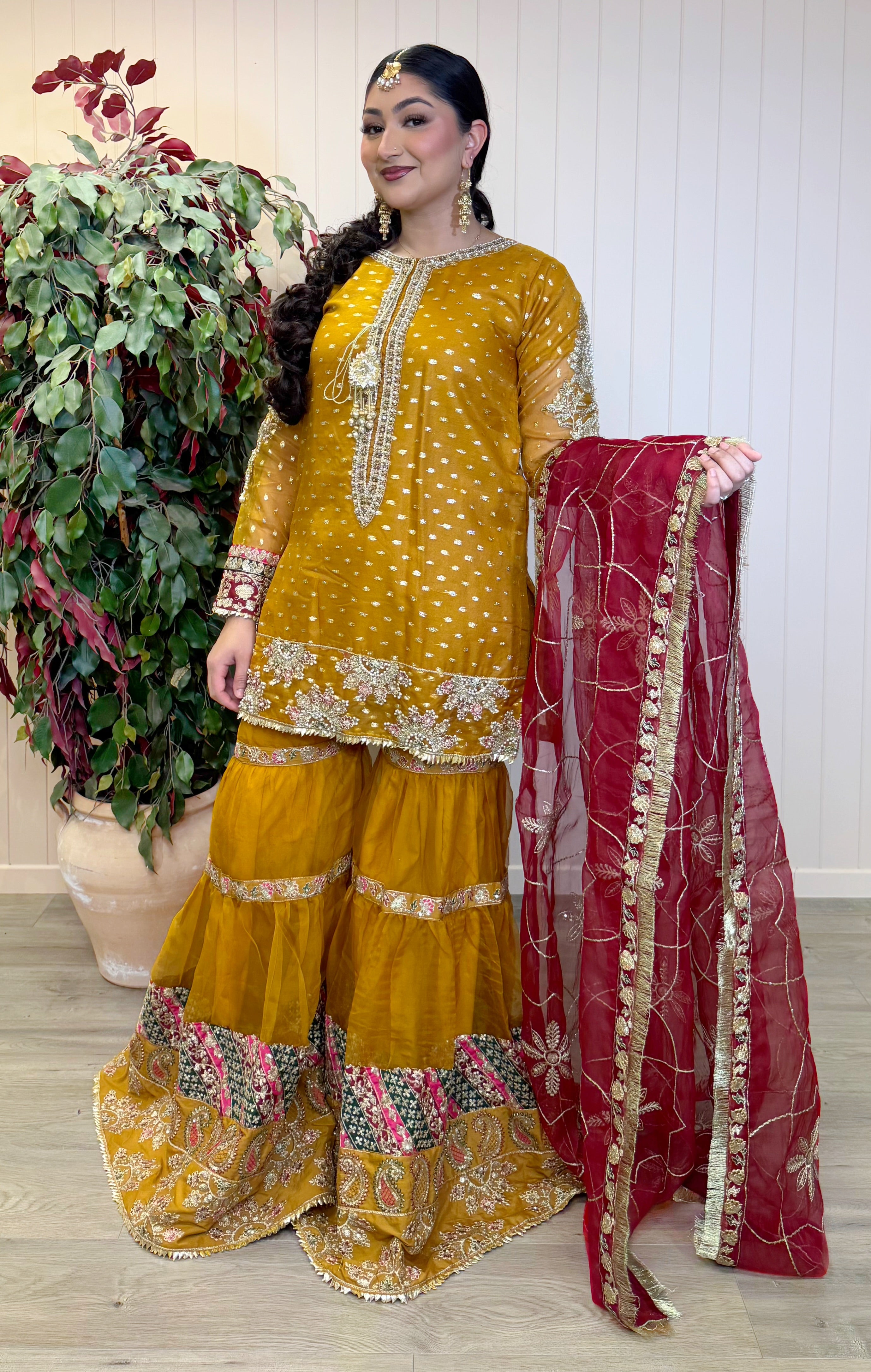 Zariya Luxe Organza Sharara Set – Mustard & Ruby
