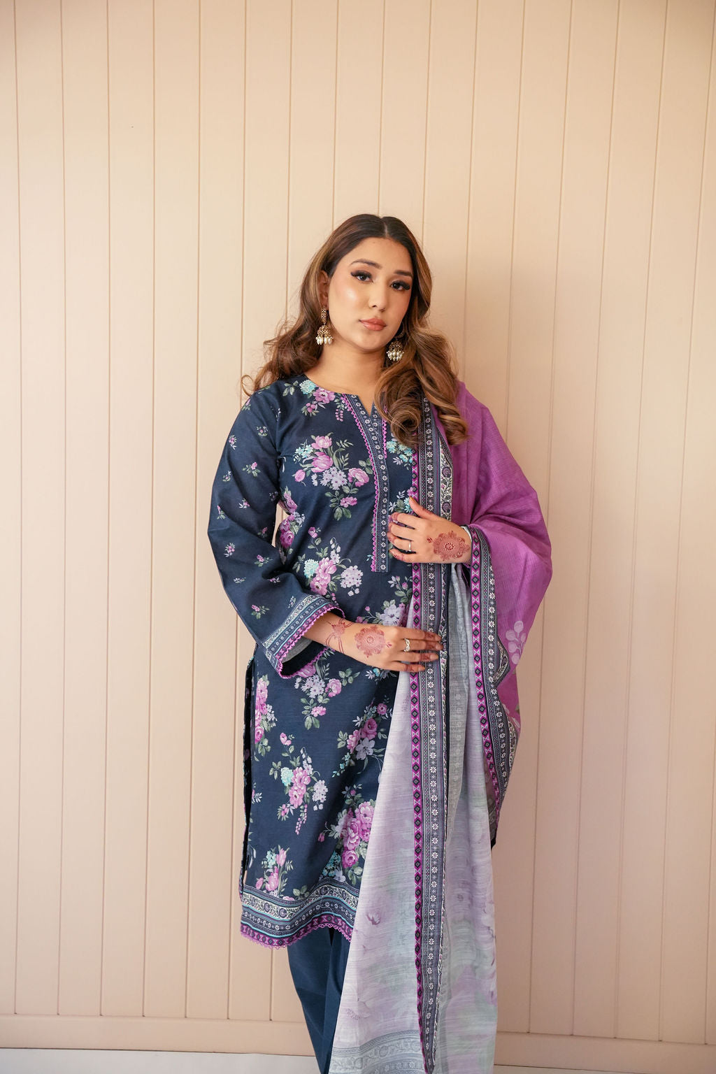 Lavender Bloom printed khaddar suit