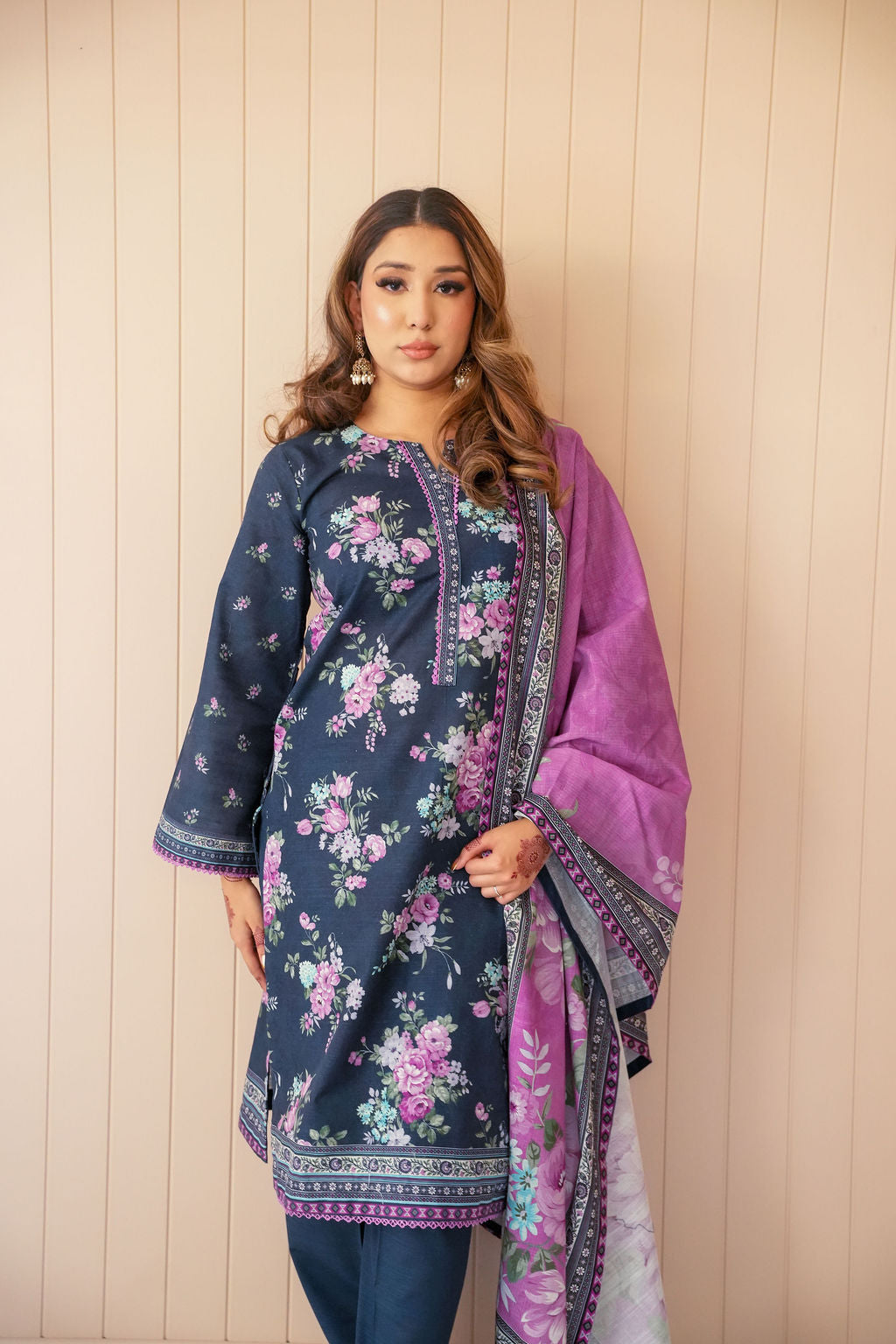 Lavender Bloom printed khaddar suit