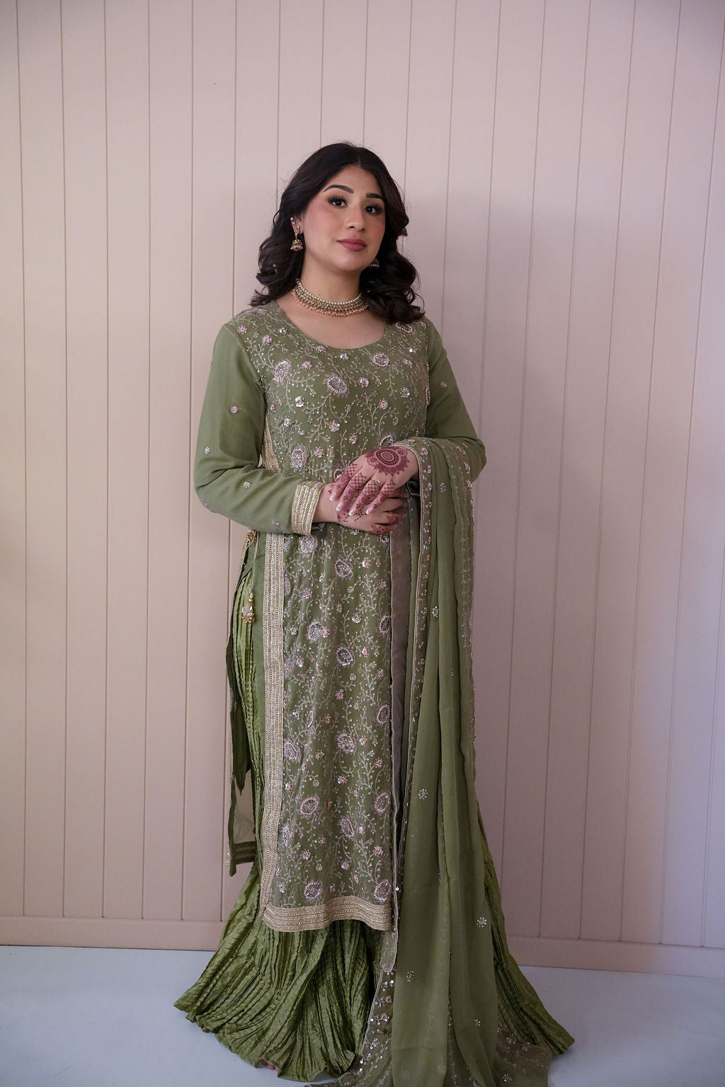 Gulzar-e-Zaitoon – Embroidered Chiffon Suit with Crushed Pants