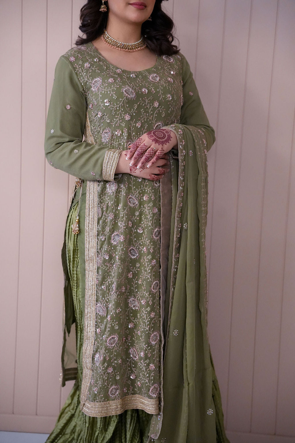 Gulzar-e-Zaitoon – Embroidered Chiffon Suit with Crushed Pants