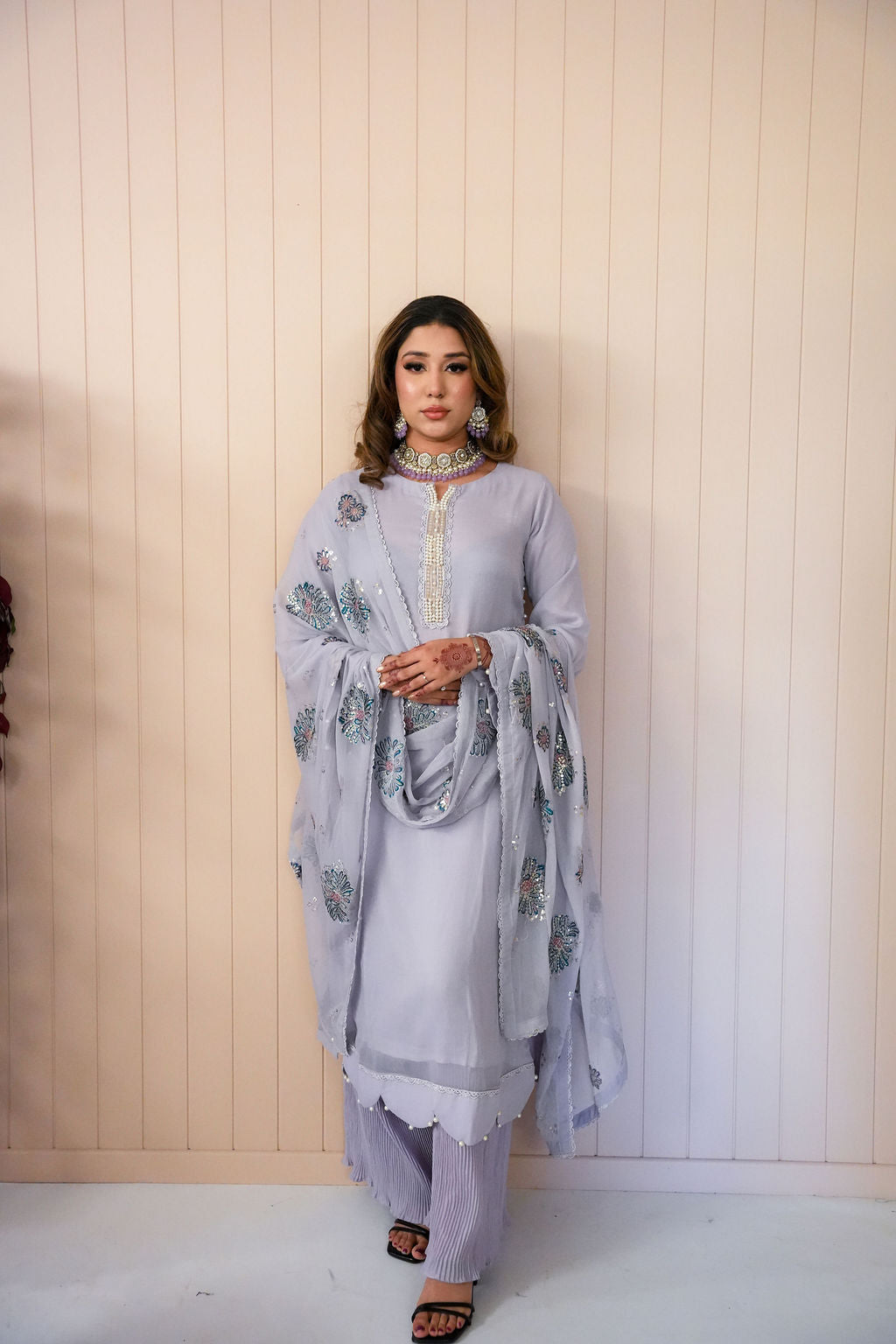 Serene Bloom lilac chiffon suit