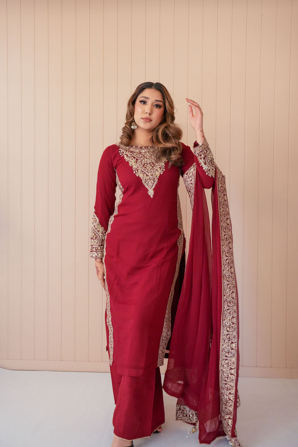 Ruby Aura embroidered chiffon suit