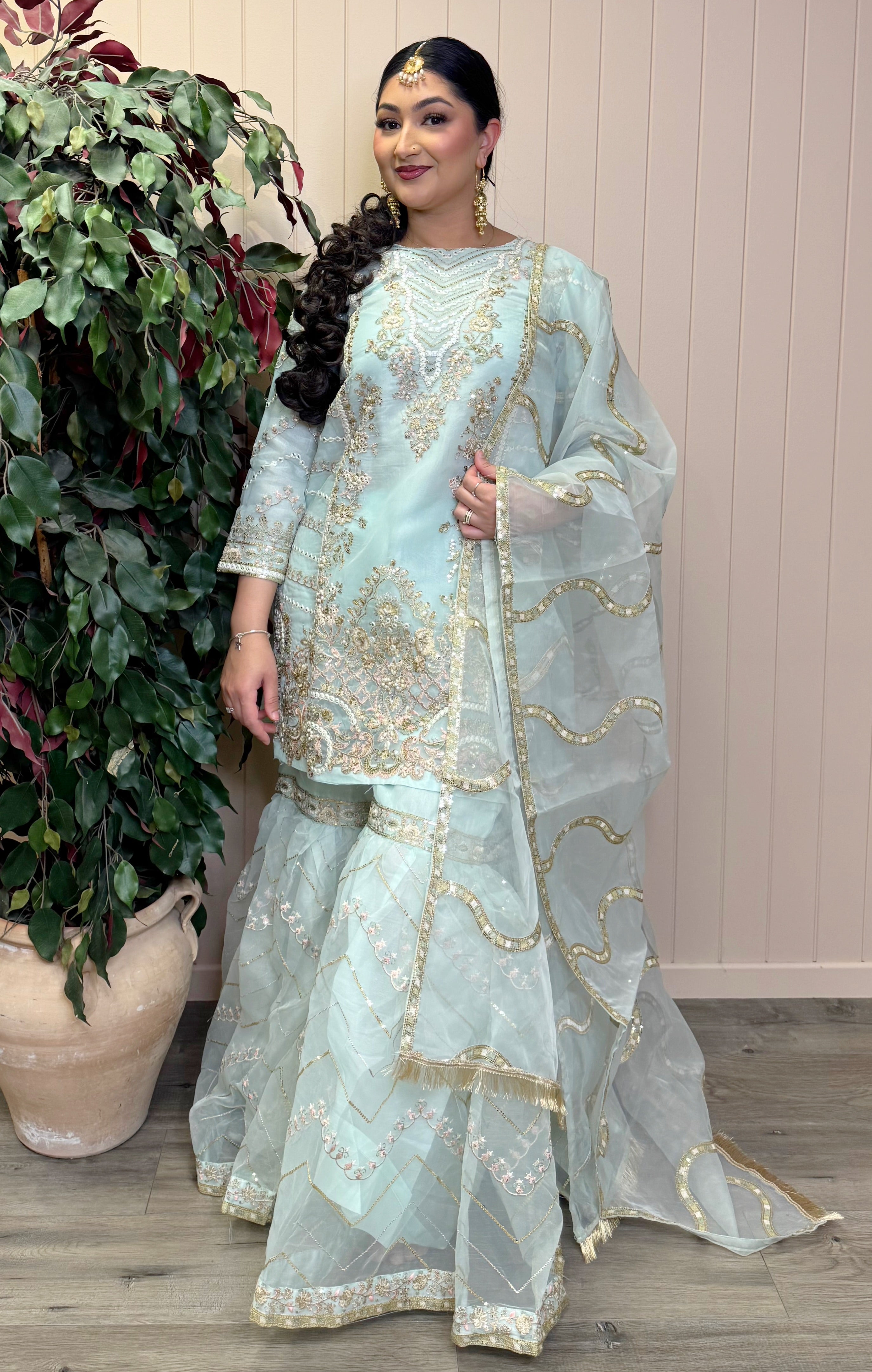 Zehra Mint Organza Sharara Set (Color Option - Mint / Beige)