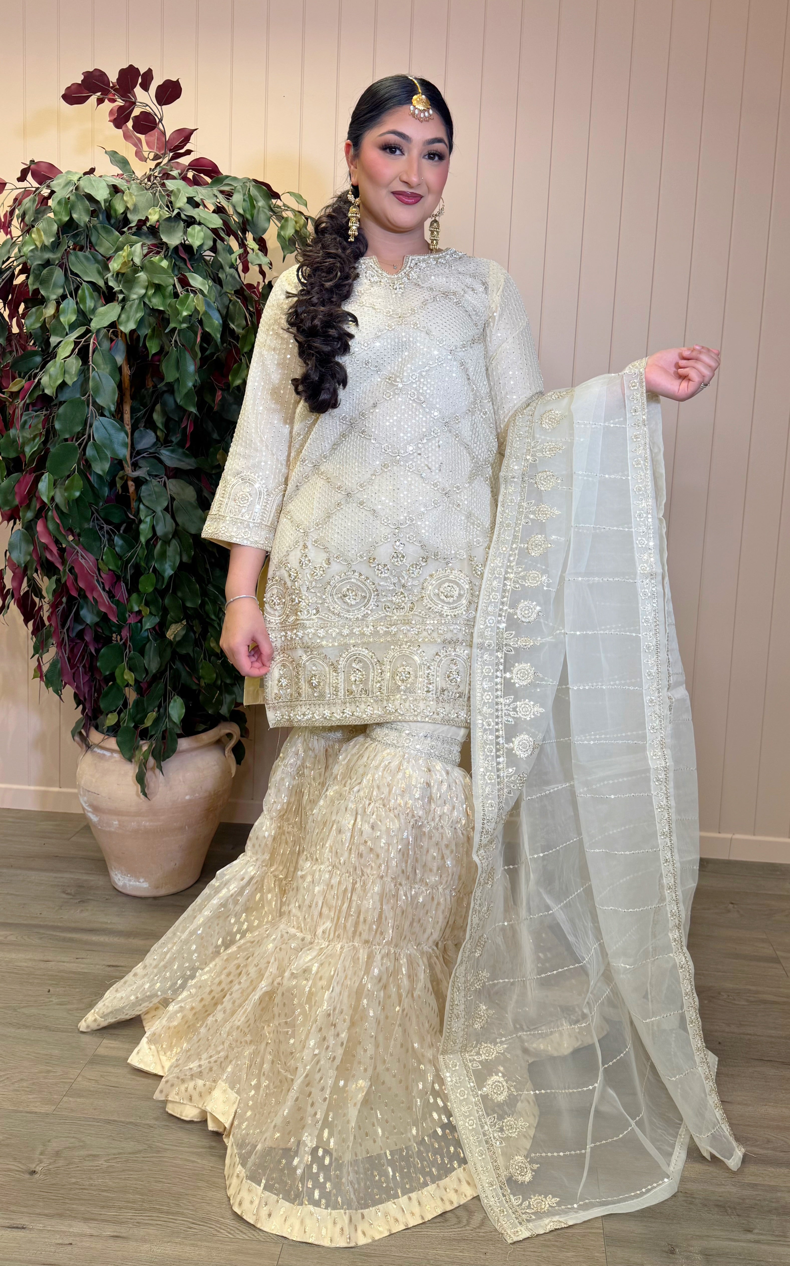 Aylin Champagne Organza Sharara Set (Color Option - Offwhite / Pink)