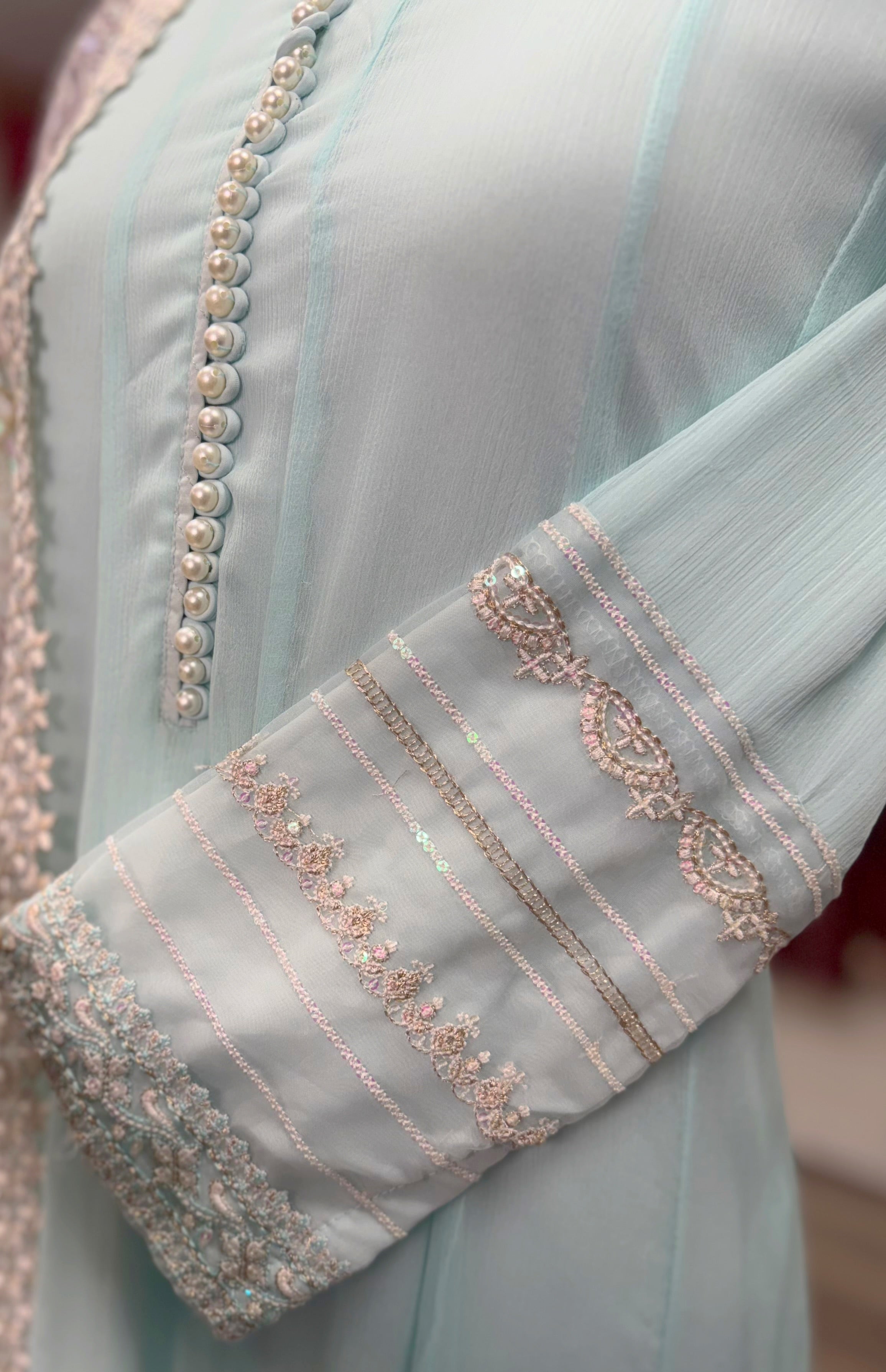 Sky Blue Serenity – Embroidered Chiffon Ensemble