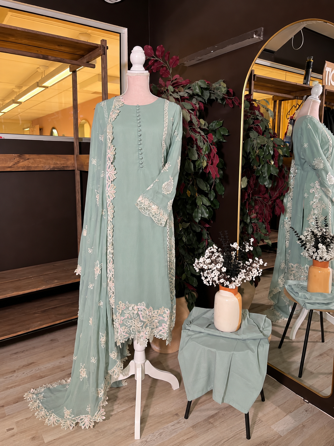Floral Grace Sage Green Chiffon Suit