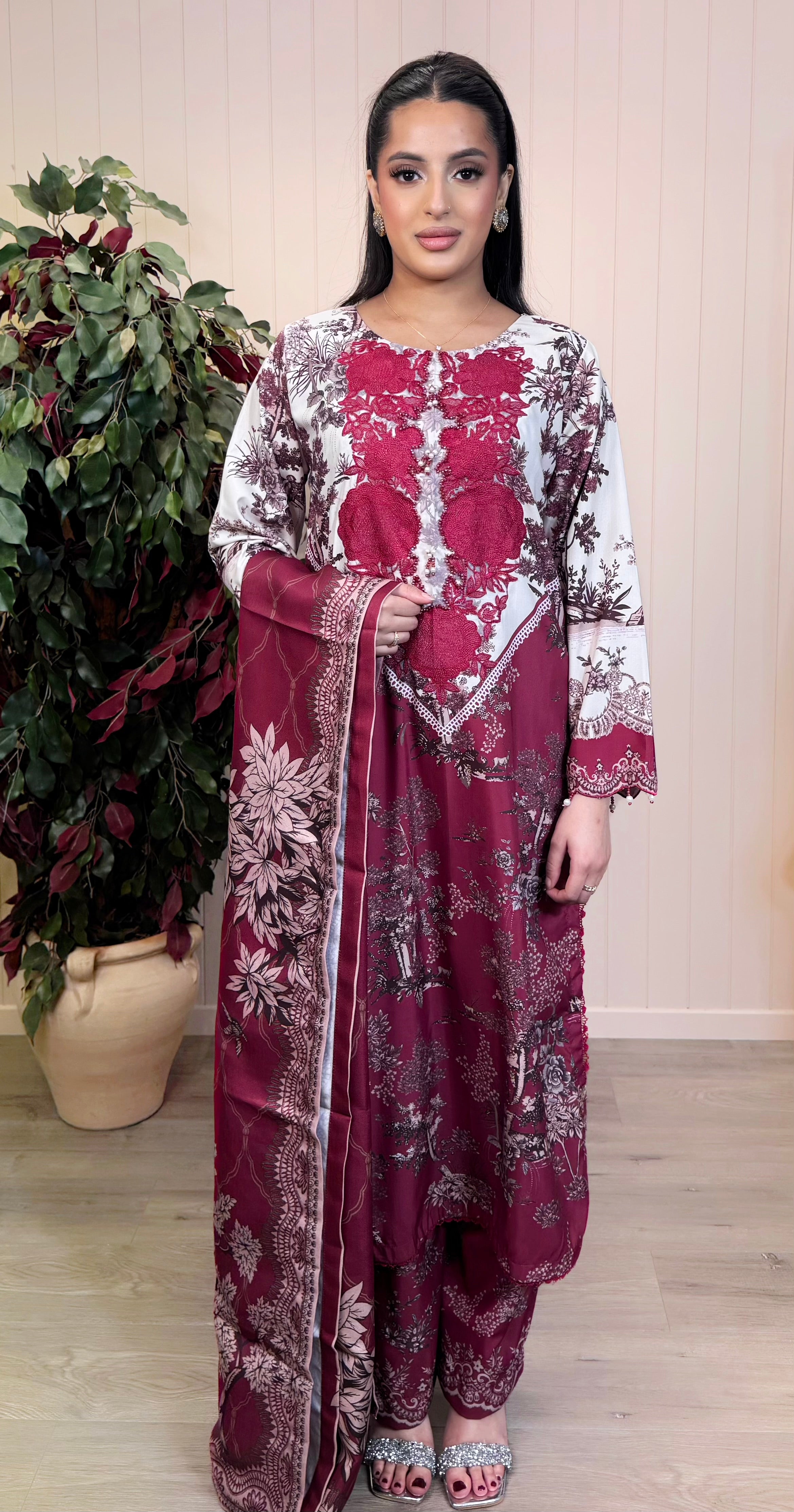 Ruby Elara – Printed Silk Suit with Wool Dupatta