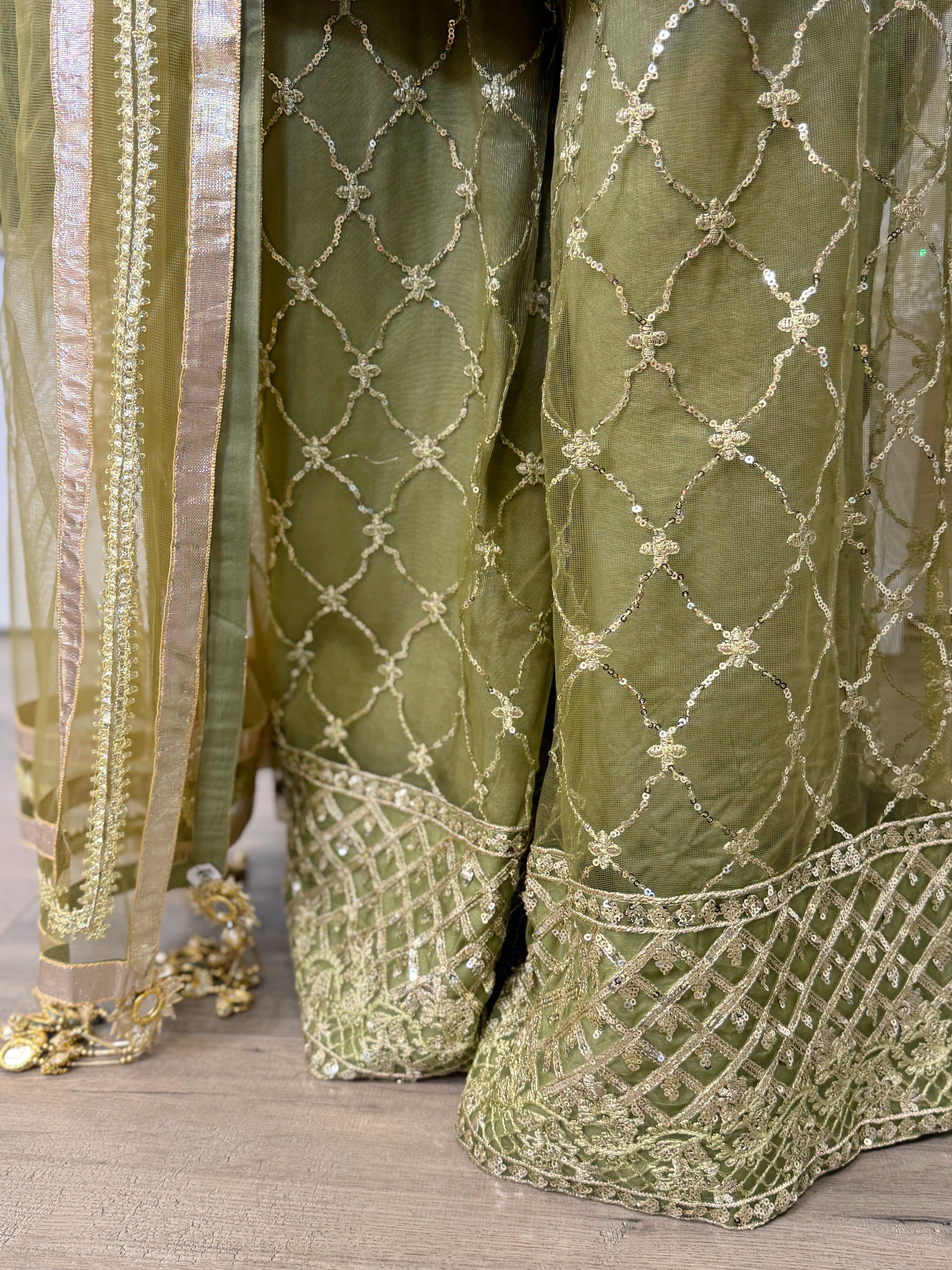 Olive Regal Embroidered Sharara Set