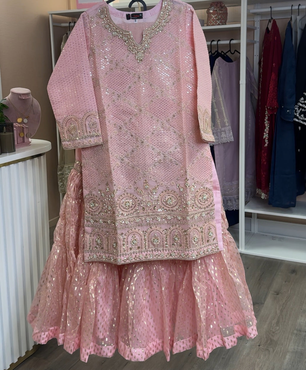 Aylin Champagne Organza Sharara Set (Color Option - Offwhite / Pink)